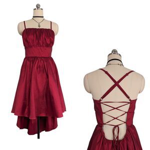 Vintage Prom Dress Cocktail Gown 14W Red Y2K Goth Corset Fit Flare Maroon Satin